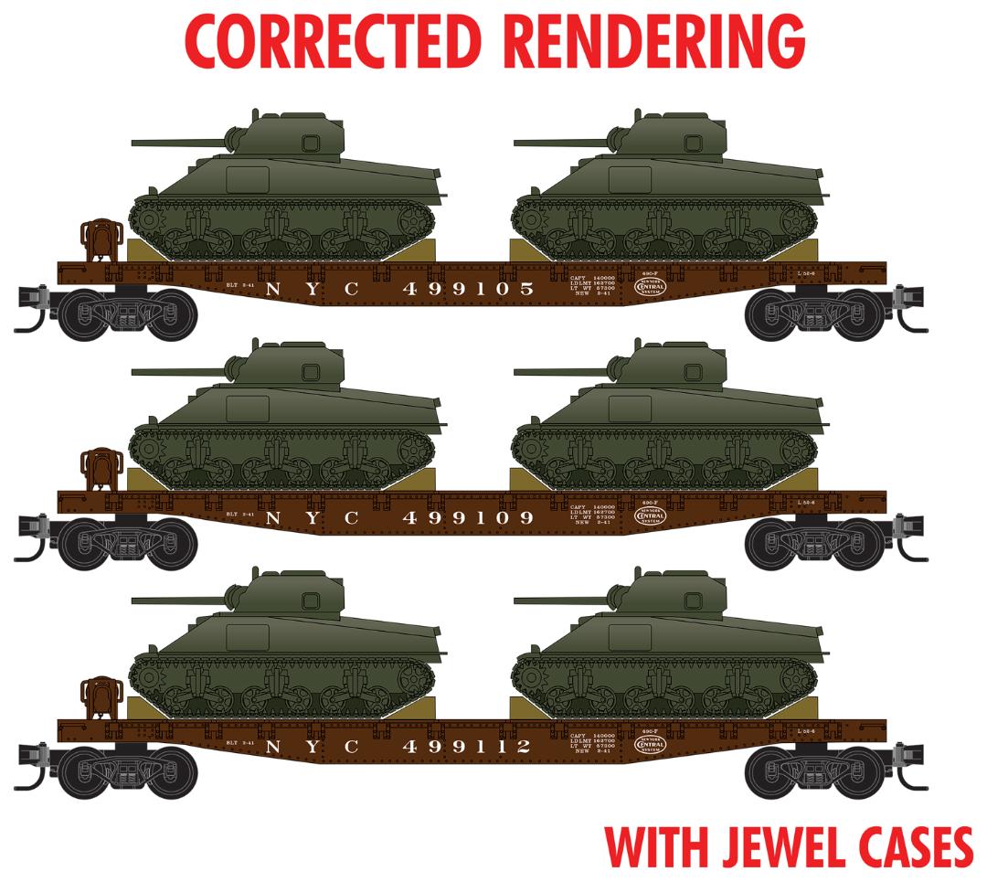 Micro-Train N 50' Fishbelly-Side Flatcar w/M4 Sherman Tank 3-Pack Jewel Case - Ready to Run -- New York Central (Boxcar Red, Undecorated Tank Load Kit) - 489-98302219