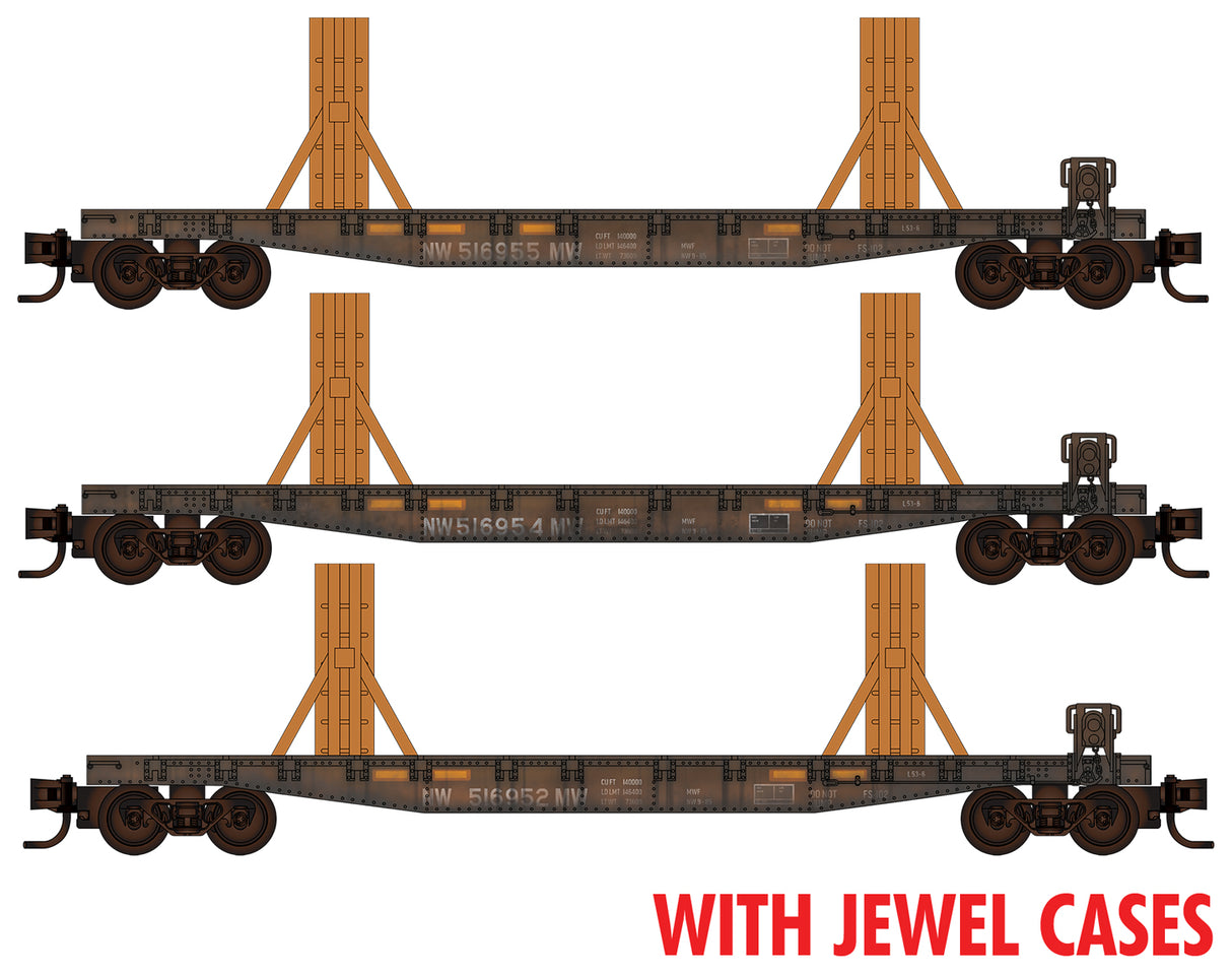 Micro-Trains 50' Fishbelly-Side Flatcar Flatcar w/Ribbon Rail Rack Kit 3-Pack - Ready to Ru -- Norfolk Southern Set #1 #516952, 516954, 516955 (black) Jewel Case - 489-98302220