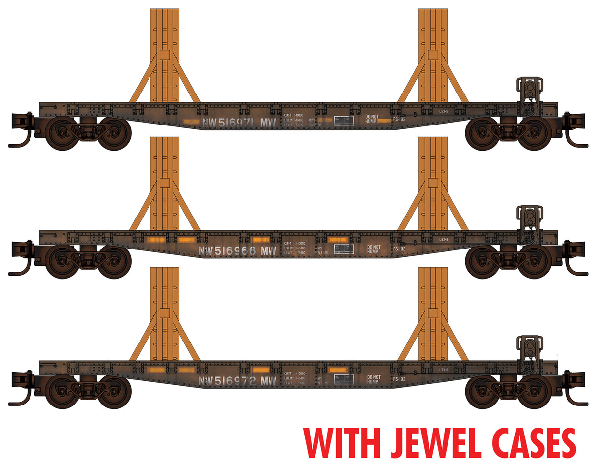 Micro-Trains 50' Fishbelly-Side Flatcar Flatcar w/Ribbon Rail Rack Kit 3-Pack - Ready to Ru -- Norfolk Southern Set #2 #516966, 516971, 516972 (black) Jewel Case - 489-98302221