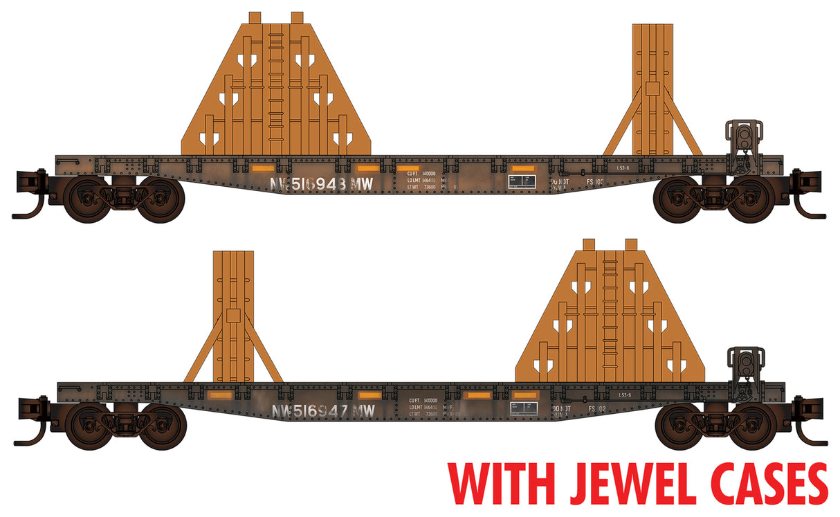 Micro-Trains 50' Fishbelly-Side Flatcar Flatcar w/Ribbon Rail Rack Ends Kit 2-Pack - RTR -- Norfolk Southern #516947, 516948 (black) Jewel Case - 489-98302222