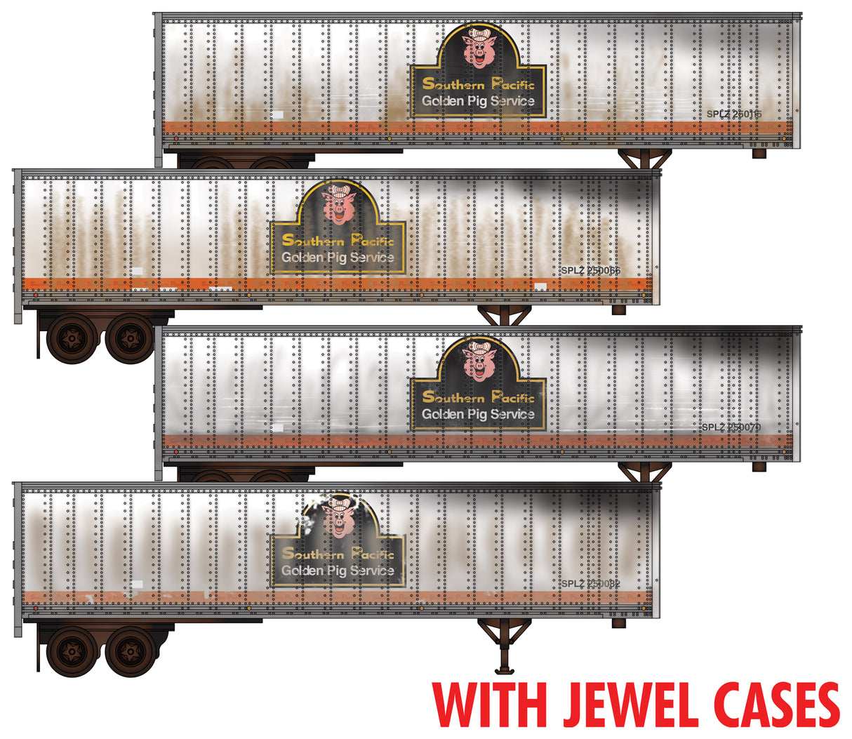 45' Van Trailer 4-Pack Jewel Case - Assembled -- Southern Pacific #250115, 250066, 250070, 250082 (Weathered, white, black, o