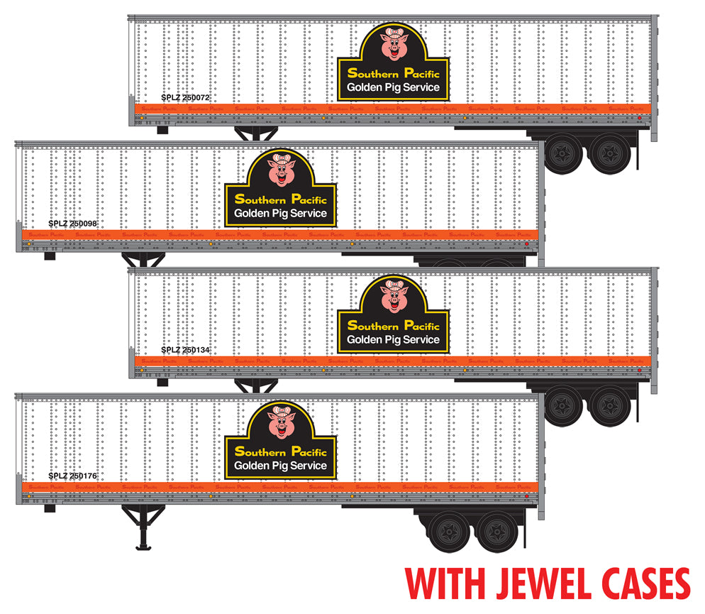 45' Van Trailer 4-Pack - Assembled, Jewel Case -- Southern Pacific #250072, 250098, 250134, 250176 (white, orange, Golden Pig)