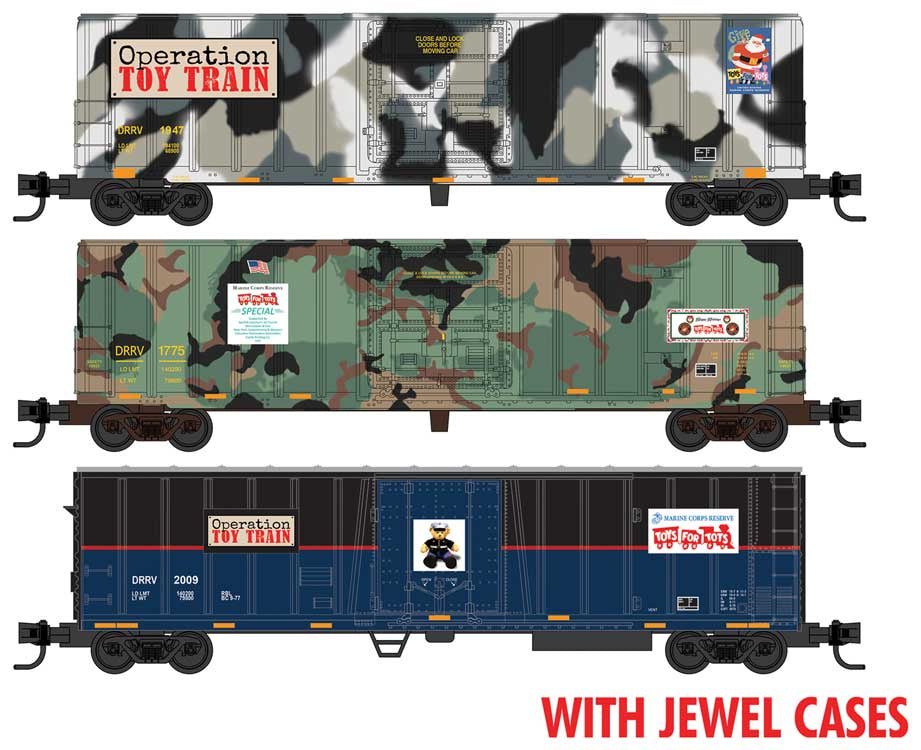 2-50' Boxcars & 51' Mechanical Reefer - Ready to Run - Jewel Case -- Toys for Tots (2 Camouflage, 1 blue, black)