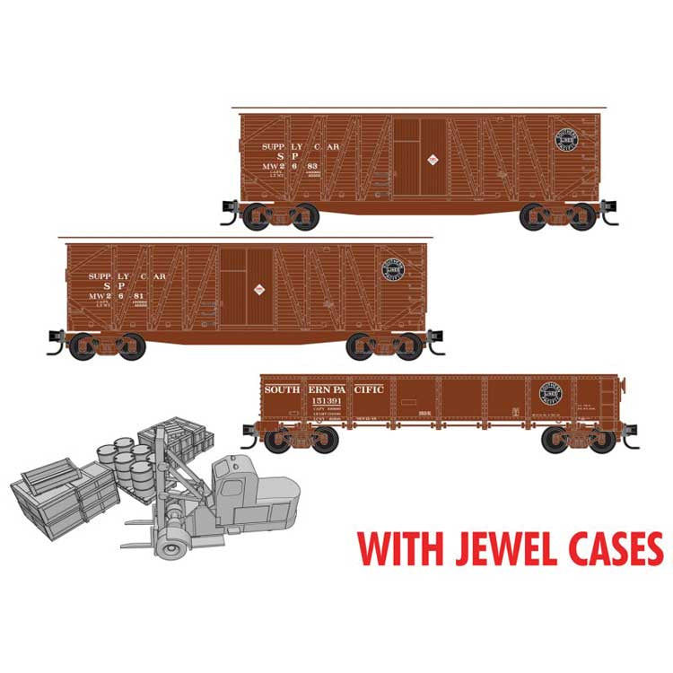 Micro-Trains N (2) 40' Wood Boxcars, 40' GS Gondola, Forklift & Cargo Kit Set - RTR - Jewel Case -- Southern Pacific #MW 2681, 2683, 151391 (MOW Scheme, Unpainted Accessories)