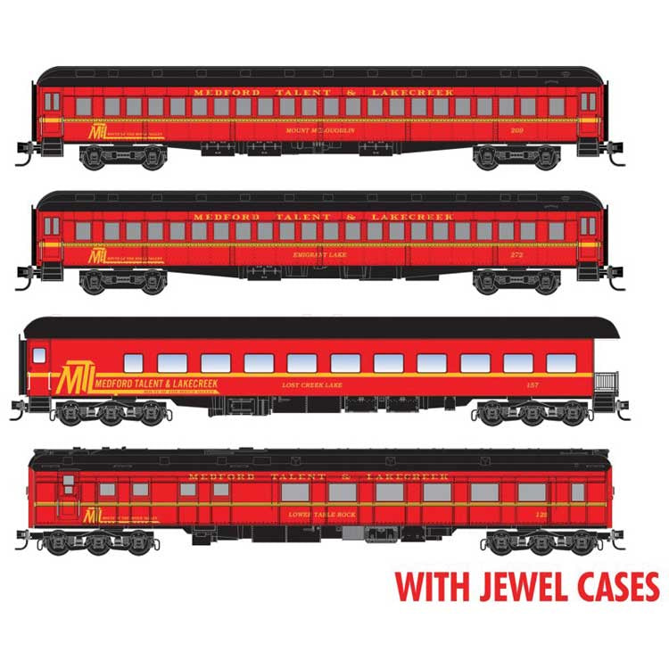 Micro-Trains N Heavyweight Dinner Train Set w/2 Coaches, Diner, Observation - RTR Jewel Case -- Medford, Talent & Lakecreek (1970s - 1980s Scheme, red, yellow, black)