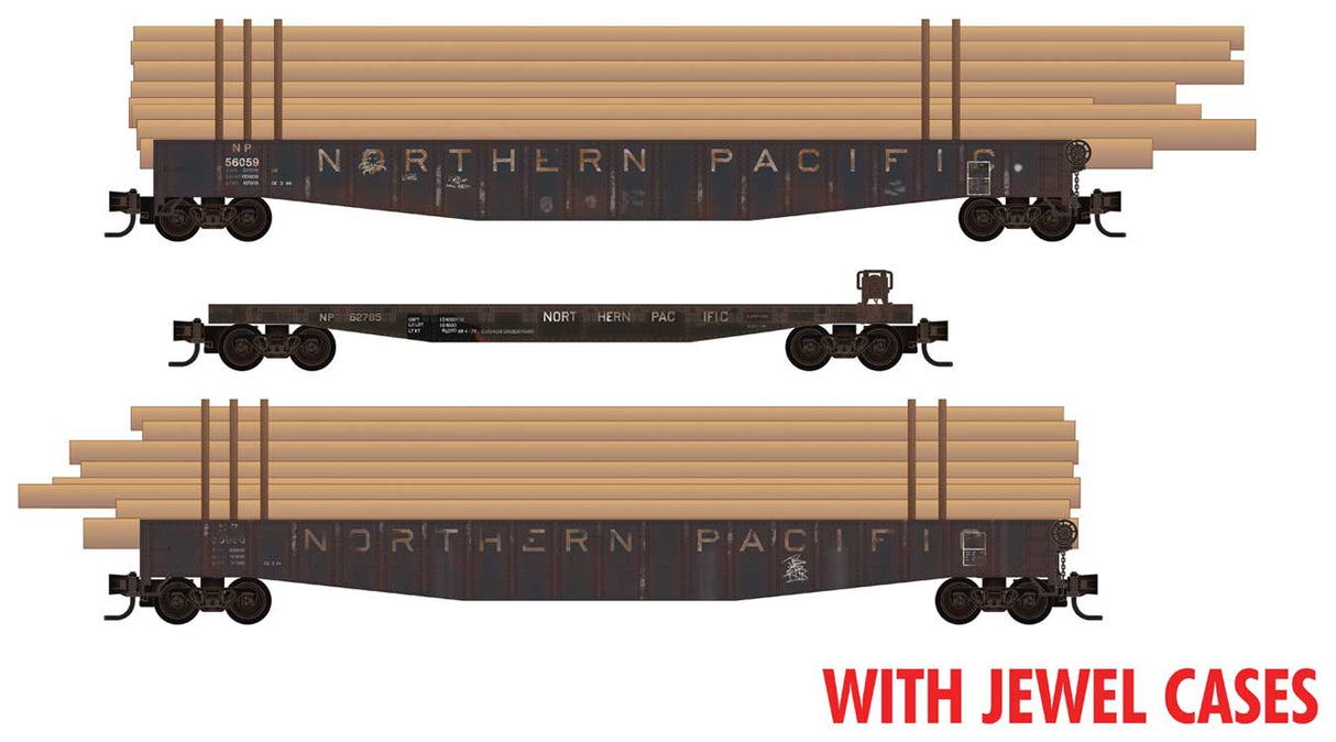 Micro-Trains N (2) 65' Mill Gondolas, 50' Idler Flatcar, Pole Loads - Ready to Run - Jewel Case -- Northern Pacific #56059, 62785, 56080 (Weathered, black, white)