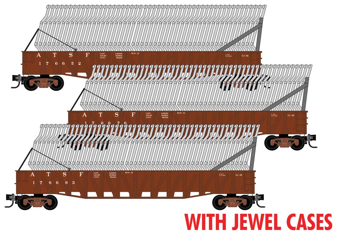 Micro-Trains N 50' Composite Gondola w/Fishbelly Sides & Auto Frame Load Kit RTR - Jewel Case -- Santa Fe #176652, 176676, 176693 (Boxcar Red)