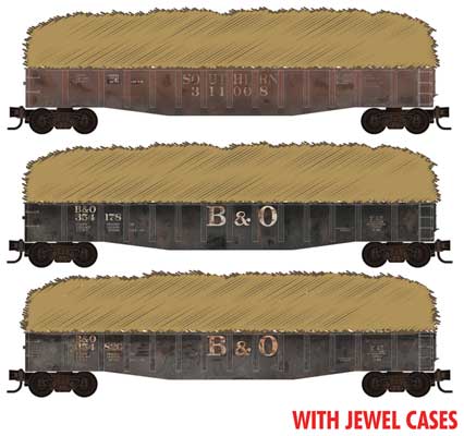 Micro-Trains N 50' Steel Side 14-Panel Gondola w/Hay Load 3-Pack - Ready to Run - Jewel -- Baltimore & Ohio #354820, 354178 (black) Southern Railway #314008 (brown)