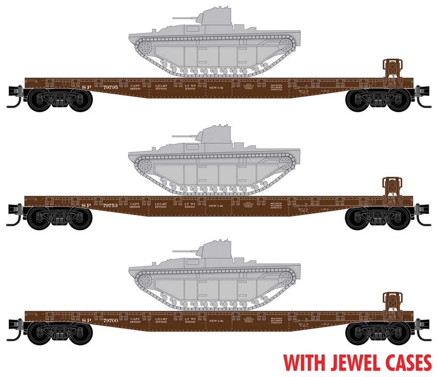 Micro-Trains N 50' Fishbelly-Side Flatcar w/LVT(A)1 Tank Load 3-Pack - Ready to Run Jewel -- Southern Pacific #79700, 79753, 79795 (Boxcar Red)
