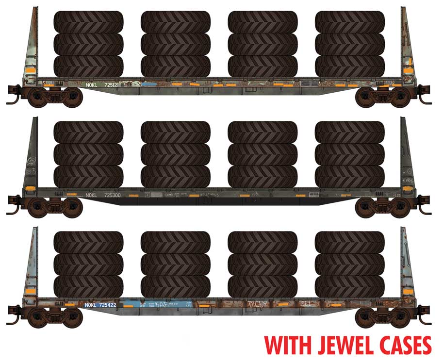 Micro-Trains N 61' 8" Bulkhead Flatcar 3-Pack w/Large Tire Load - Ready to Run - Jewel Cas -- Northwestern Oklahoma #725121, 725300, 725422 (weathered, blue, yellow)
