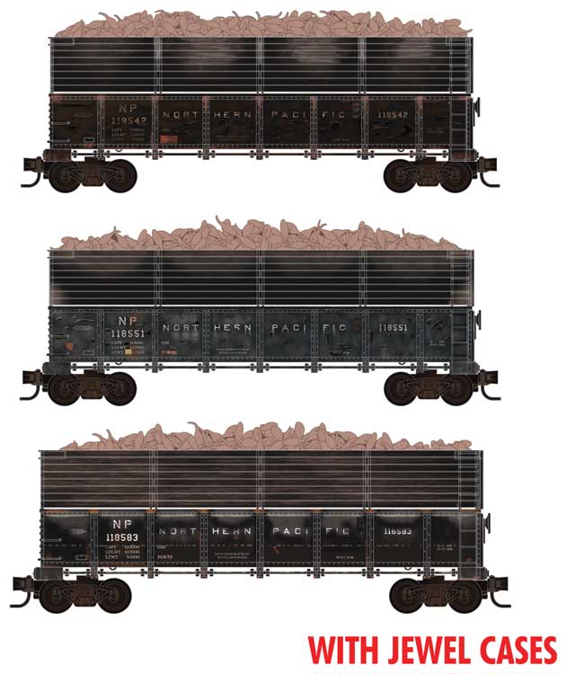 Micro-Trains N-Scale 40' Drop-Bottom Gondola, Extentions & Sugar Beet Load 3-Pack Ready to Run Je -- Northern Pacific #118583, 118551, 118542 (Weathered, black)
