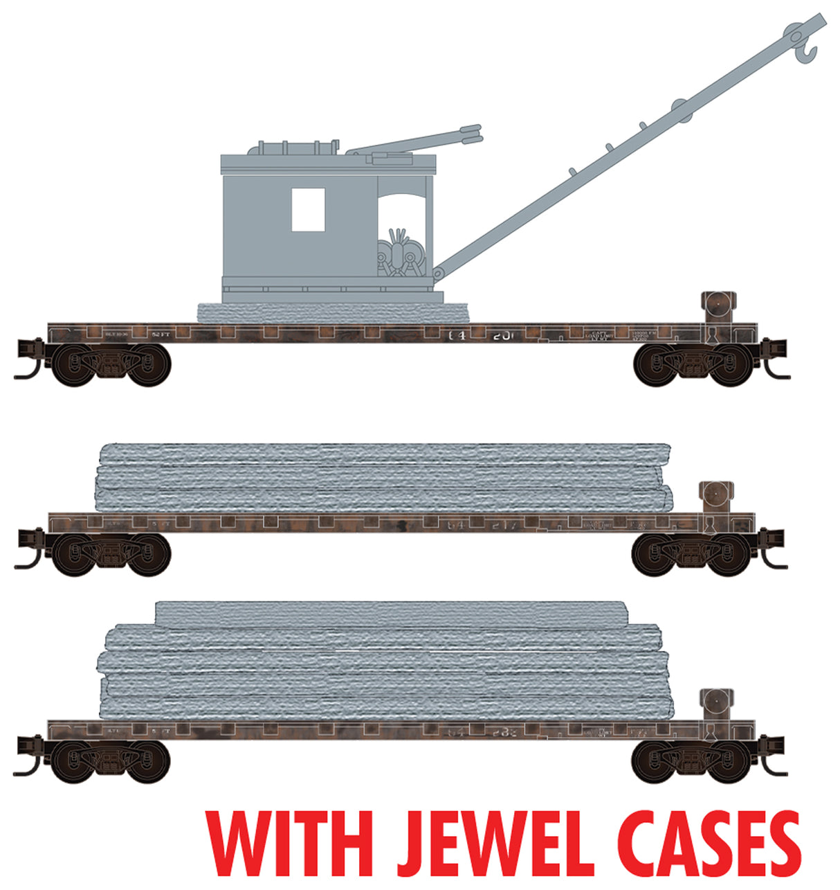 Micro-Trains N 50' Straight-Side Flatcar 3-Pack w/Log Loader & Skid Loads - Ready to Run -- Painted, Weathered, Unlettered (unpainted load parts)