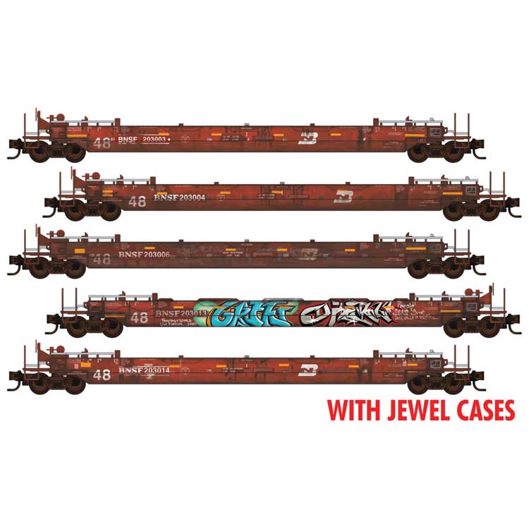 70' Husky-Stack Well Car w/48' Well 5-Pack - Ready to Run -- BNSF Railway (Weathered, red, BN Logo, Graffiti