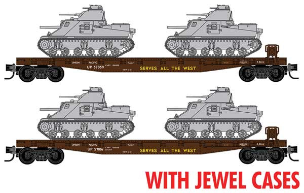 Micro-Trains 983 02 263 N 50' Fishbelly-Side Flatcar w/M3 Lee Tank Load Kit 2-Pack - Ready to Run -- Union Pacific #57059, 57106 (Boxcar Red, yellow, white, Undec Tanks)