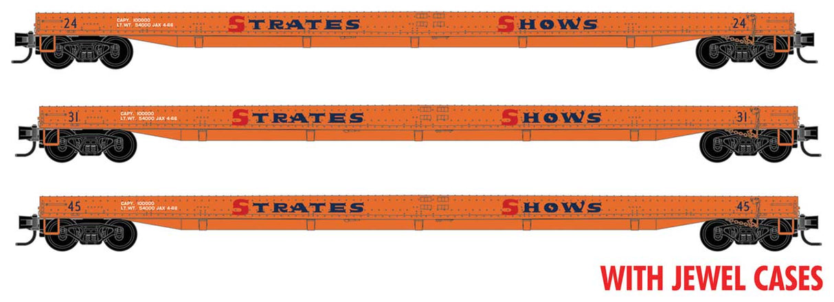 70' Warren Circus Flatcar 3-Pack - Ready-to-Run -- Strates Shows #24, 31, 45 (Duke Ash Era Scheme, orange, blue, red)