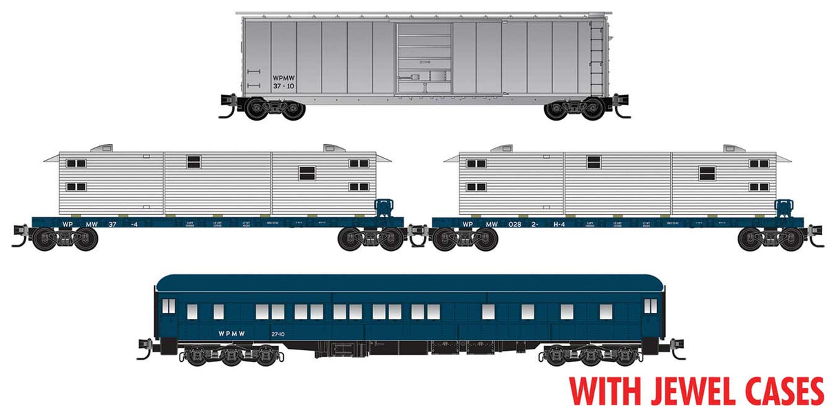 Micro-Trains N Work Train Set w/50' Box, Heavyweight Sleeper, 2 50' Flats - RTR -- Western Pacific WPMW #27-10, 37-4, 28-2, 37-10 (with Multimedia Kit Loads)