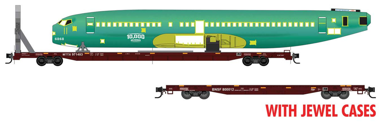 89' & 60' Flatcar w/Boeing Fuselage Load - Ready to Run -- BNSF #800012 & MTTX 971483 (Boeing Load Kit for 10,000th Fuselage)