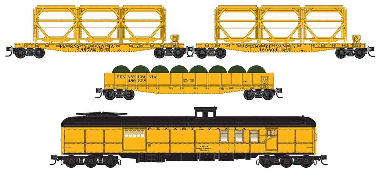 Micro-Trains N Baggage-RPO, 3 Flatcars, Catenary MOW Car Set - Ready to Run -- Pennsylvania Railroad (MOW yellow, black)