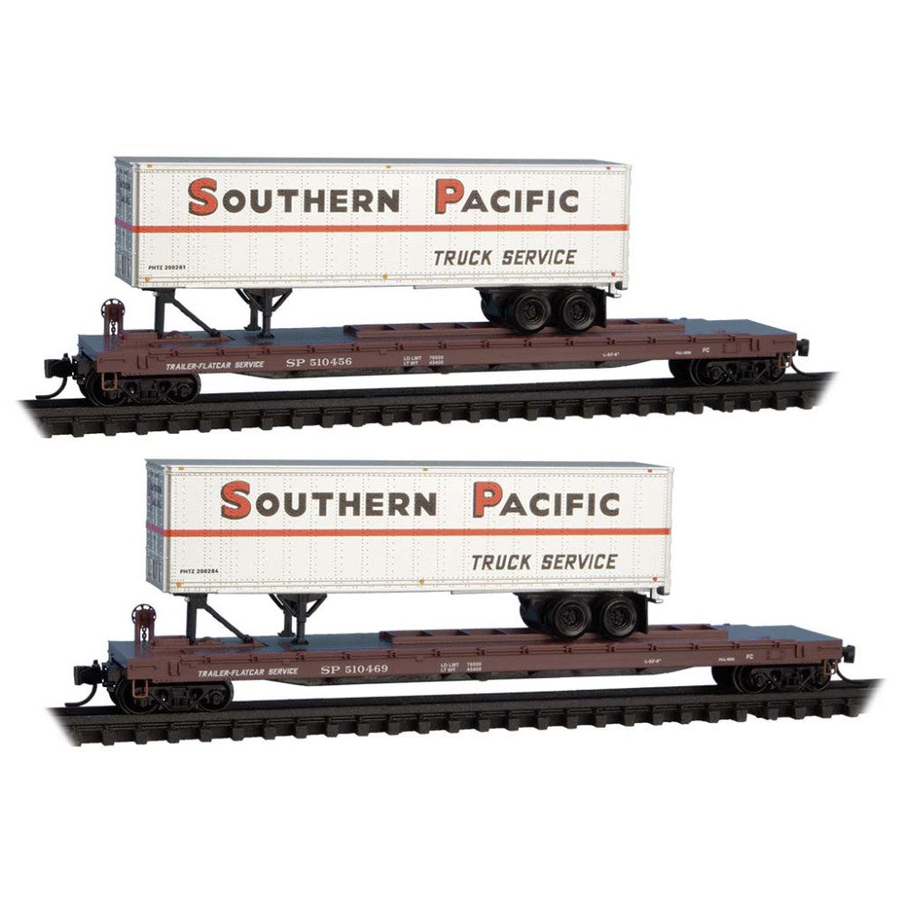 Steel Flatcar w/Trailer 2-Pack - Ready to Run -- Southern Pacific Set 1 #510469, 510456 (Boxcar Red, silver & red Trailers)