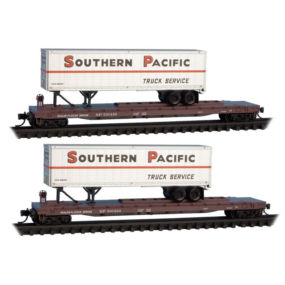Steel Flatcar w/Trailer 2-Pack - Ready to Run -- Southern Pacific Set 2 #510449, 510463 (Boxcar Red, silver & red Trailers)
