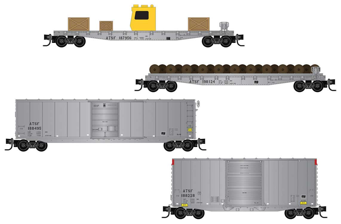 Maintenance-of-Way 4-Car Set - Ready to Run w/Load Kits -- Santa Fe (silver cars, Multi-Media Loads)