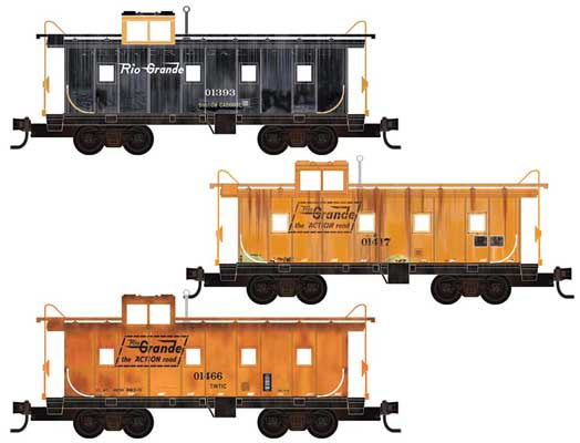 Micro-Trains 983 02 228 36' Riveted-Steel Cupola Caboose 3-Pack - Ready to Run -- Denver & Rio Grande Western #01393 (black), 01466, 01417 (Aspen Gold)