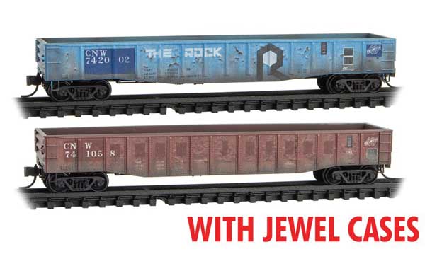 Micro-Trains 50' 15-Panel Fixed-End Gondola 2-Pack In Jewel Cases - Ready to Run -- Chicago & North Western 742002, 741058 (Weathered, 1 Each: blue, Boxcar Red) - 489-98305016
