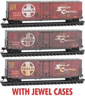 Micro-Trains 50' Boxcar w/8' Plug Door, No Roofwalk, Short Ladders 3-Pack - Ready to Run -- Santa Fe #525249, 525255, 525268 (Weathered, red, black, Jewel Cases) - 489-98305023
