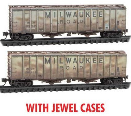 Micro-Trains 50' Airslide Covered Hopper 2 Pack w/Jewel Cases - Ready to Run -- Milwaukee Road #109945, 109885 (Weathered, gray, black, Billboard Lettering) - 489-98305024