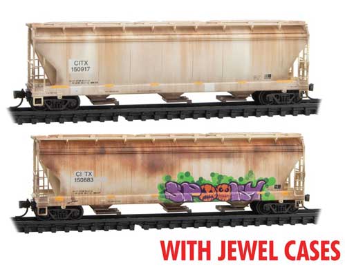 Micro-Trains ACF 3-Bay Center Flow Covered Hopper 2-Pack, Elongated Hatches Ready to Run -- CITX 150917, 150883 (Weathered,gray, yellow conspicuity marks, Halloween Gra - 489-98305027