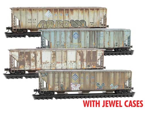 Micro-Trains Evans 100-Ton 3-Bay Covered Hopper 4-Pack Jewel Cases - Ready to Run -- Archer-Daniels-Midland UELX (Weathered, gray, blue, Graffiti) - 489-98305028