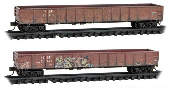 Micro-Trains 50' Steel Side 14-Panel Gondola, Fixed Ends, Straight Side 2-Pack - Ready t -- Santa Fe #73469, 73477 (Weathered, Boxcar Red, Graffiti, Jewel Cases) - 489-98305031