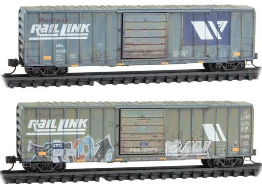 Micro-Trains 50' Rib-Side Single-Door Boxcar No Roofwalk Jewel Cases - Ready to Run -- Montana Rail Link #21059, 21112 (Weathered, blue, white, Graffiti) - 489-98305032