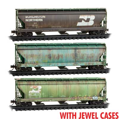 Micro-Trains ACF 3-Bay Center Flow Covered Hopper w/Hatches 3-Pack Jewel - Ready to Run -- Burlington Northern #48129, 458640, 481170 (Weathered, Cascade Green, white) - 489-98305033