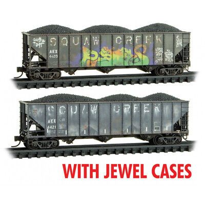 Micro-Trains 100-Ton 3-Bay Ribside Open Hopper w/Load 2-Pack Jewel Case - Ready to Run -- Squaw Creek Coak AEX #4420, 4421 (Weathered, black, Graffiti) - 489-98305034