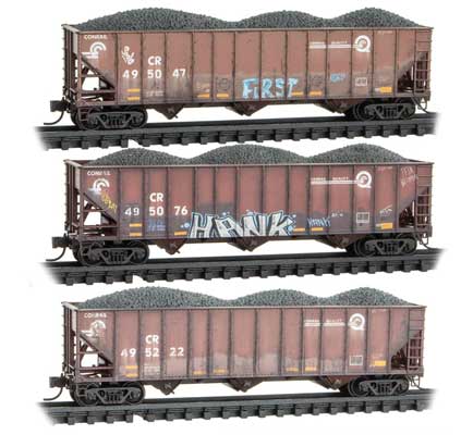Micro-Trains 100-Ton 3-Bay Ribside Open Hopper w/Coal Load, Jewel Case 3-Pack - Ready t -- Conrail #495047, 495076, 495222 (Weathered, Boxcar Red, Graffiti, Jewel Case - 489-98305035