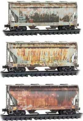 Micro-Trains ACF 39' 2-Bay Center-Flow Covered Hopper Round Hatch Jewel Case 2-Pack RTR -- Southern Railway #91809, 91165, 91849 (Weathered, gray) - 489-98305037
