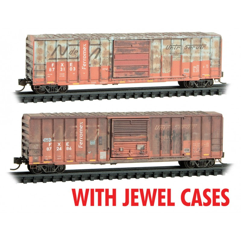 Micro-Trains 50' Rib-Side Plug-Door Boxcar No Roofwalk 2-Pack Jewel Case - Ready to Run -- Ferromex #873103, 872486 (Weathered, 2 Patched Schemes) - 489-98305038