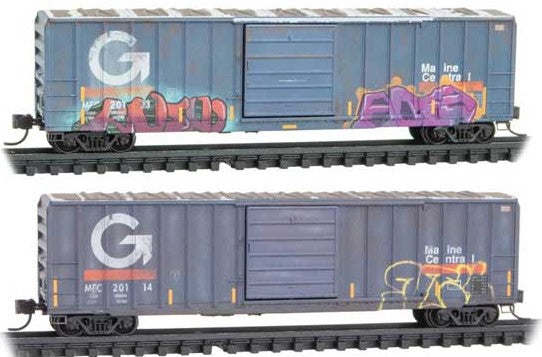 Micro-Trains 50' Rib-Side Single-Door Boxcar No Roofwalk Jewel Cases - Ready to Run -- Maine Central #20103, 20114 (Weathered, gray, white, orange, Graffiti) - 489-98305039