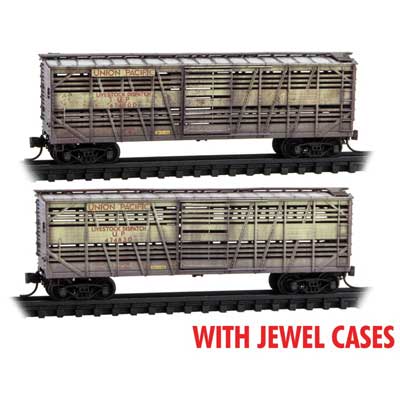 Micro-Trains 40' Despatch Stock Car 2-Pack Jewel Cases - Ready to Run -- Union Pacific #48246D, 48279D (Weathered, Boxcar Red, yellow) - 489-98305045