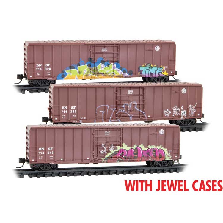 Micro-Trains 50' Rib-Side Plug-Door Boxcar No Roofwalk 3-Pack Jewel Case - Ready to Run -- BNSF Railway #714028, 714235, 714243 (Weathered, Boxcar Red, Graffiti) - 489-98305048