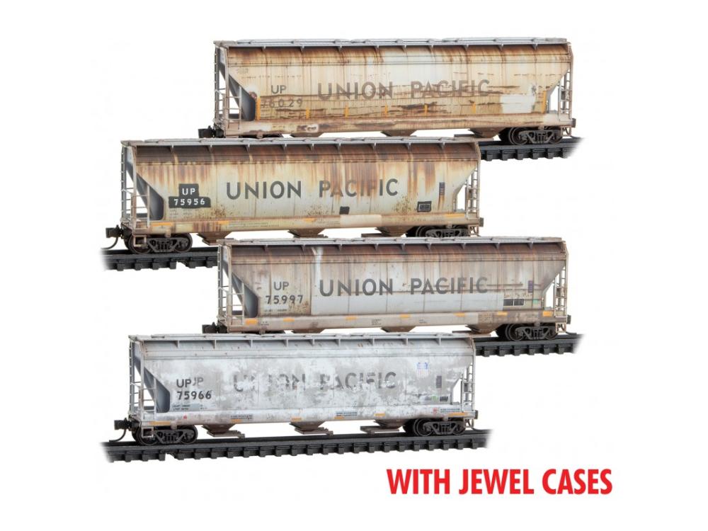 ACF 3-Bay Center Flow Covered Hopper 4-Pack - Ready to Run - Jewel Case -- Union Pacific #76029, 75997, 75966, 75956 (Weathered, gray, black)