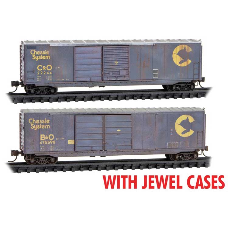 50' Double-Door Boxcar, No Roofwalk, Short Ladders 2 Pack - Ready to Run Jew -- Chessie System C&O #22244, B&O #475598 (Weathered, blue, yellow)
