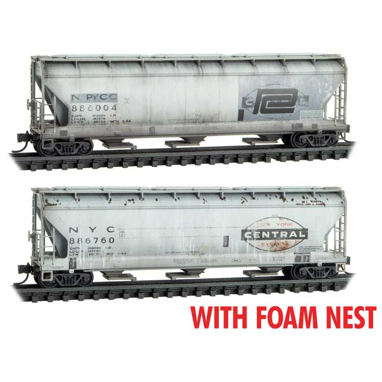 Micro-Trains N ACF 3-Bay Center Flow Covered Hopper w/Long Hatches 2 Pack - Ready to Run Jewe -- New York Central #886760, PC #886004 (Weathered, gray, black)