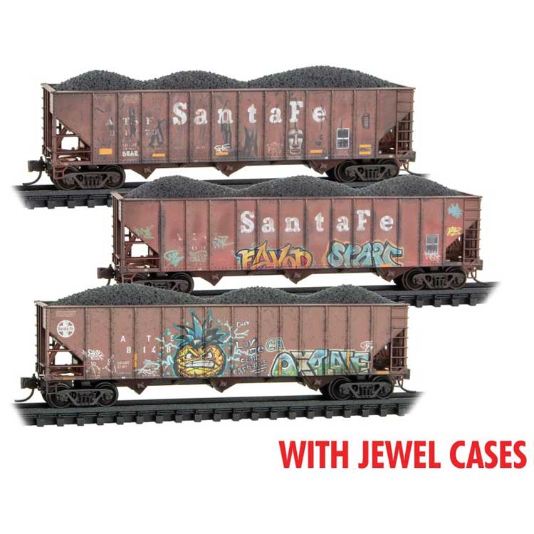 100-Ton 3-Bay Ribside Open Hopper w/Coal Load 3 Pack - Ready to Run Jewel Case -- Santa Fe #81775, 81489, 80914 (Weathered, Boxcar Red, Graffiti)