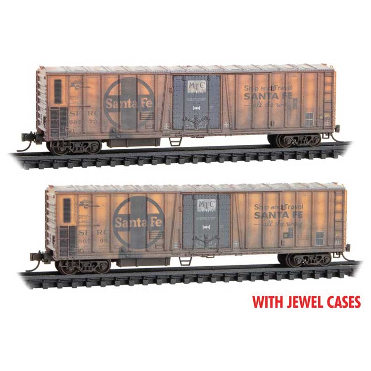 51' 3-3/4" Riveted-Side Mechanical Reefer 2-Pack - Ready to Run - Jewel Cas -- Santa Fe #50798, 50773 (Weathered, orange, blue, black, Large Logo)