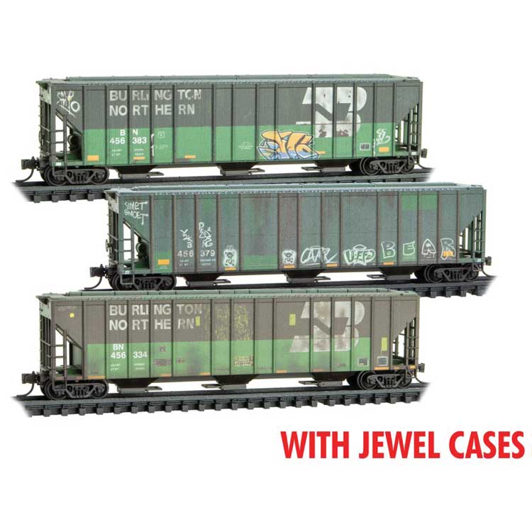 Micro-Trains N Evans 100-Ton 3-Bay Covered Hopper 3-Pack - Ready to Run - Jewel Case -- Burlington Northern #456383, 456379, 456334 (Weathered, Cascade Green, graff