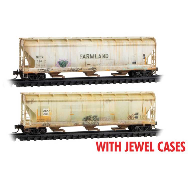 Micro-Trains N ACF 3-Bay Center-Flow Hopper w/Long Hatches 2-Pack - Ready to Run Jewel -- Farmland GFSX #540, AEX 603 (Weathered, gray, graffiti)