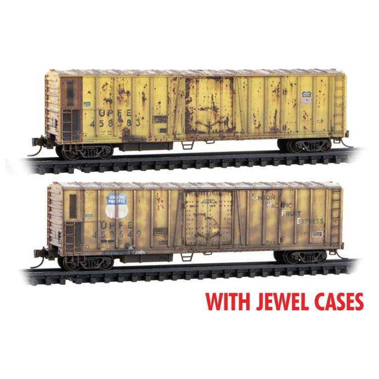 Micro-Trains N 51' 3-3/4" Riveted-Side Mechanical Reefer 2-Pack - Ready to Run - Jewel -- Union Pacific UPFE #458649, 458383 (Weathered, yellow, Different Schemes)