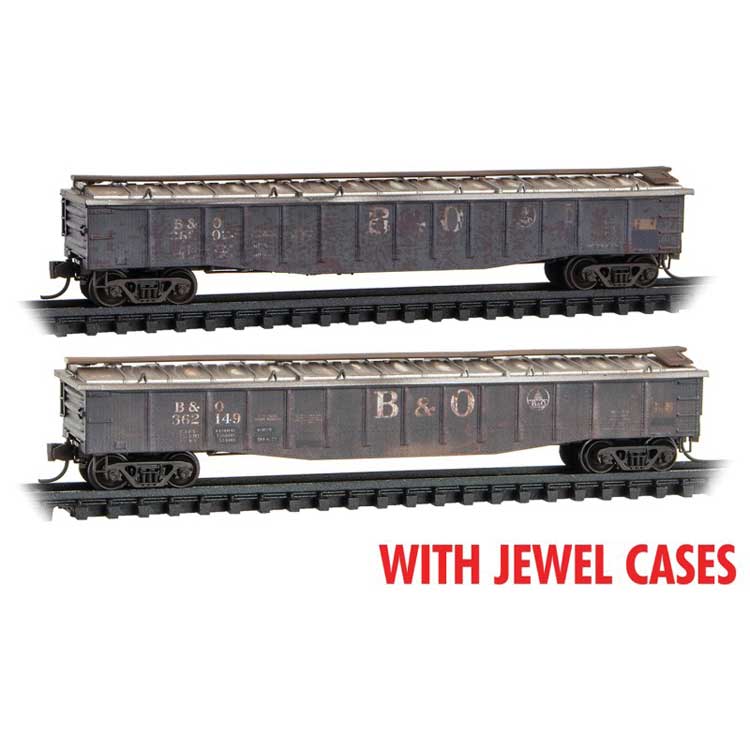 Micro-Trains N 50' 14-Panel Fixed-End Covered Gondola 2-Pack - Ready to Run - Jewel Case -- Baltimore & Ohio #362149, 362023 (Weathered, black, silver)